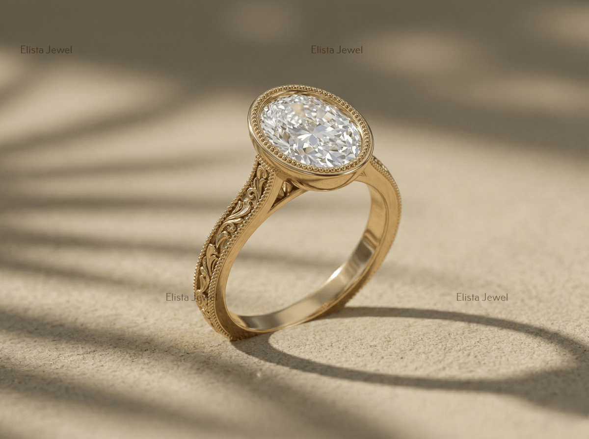 Oval Lab-Grown Diamond Engagement Ring, 14K Yellow Gold, Engraved Floral Band