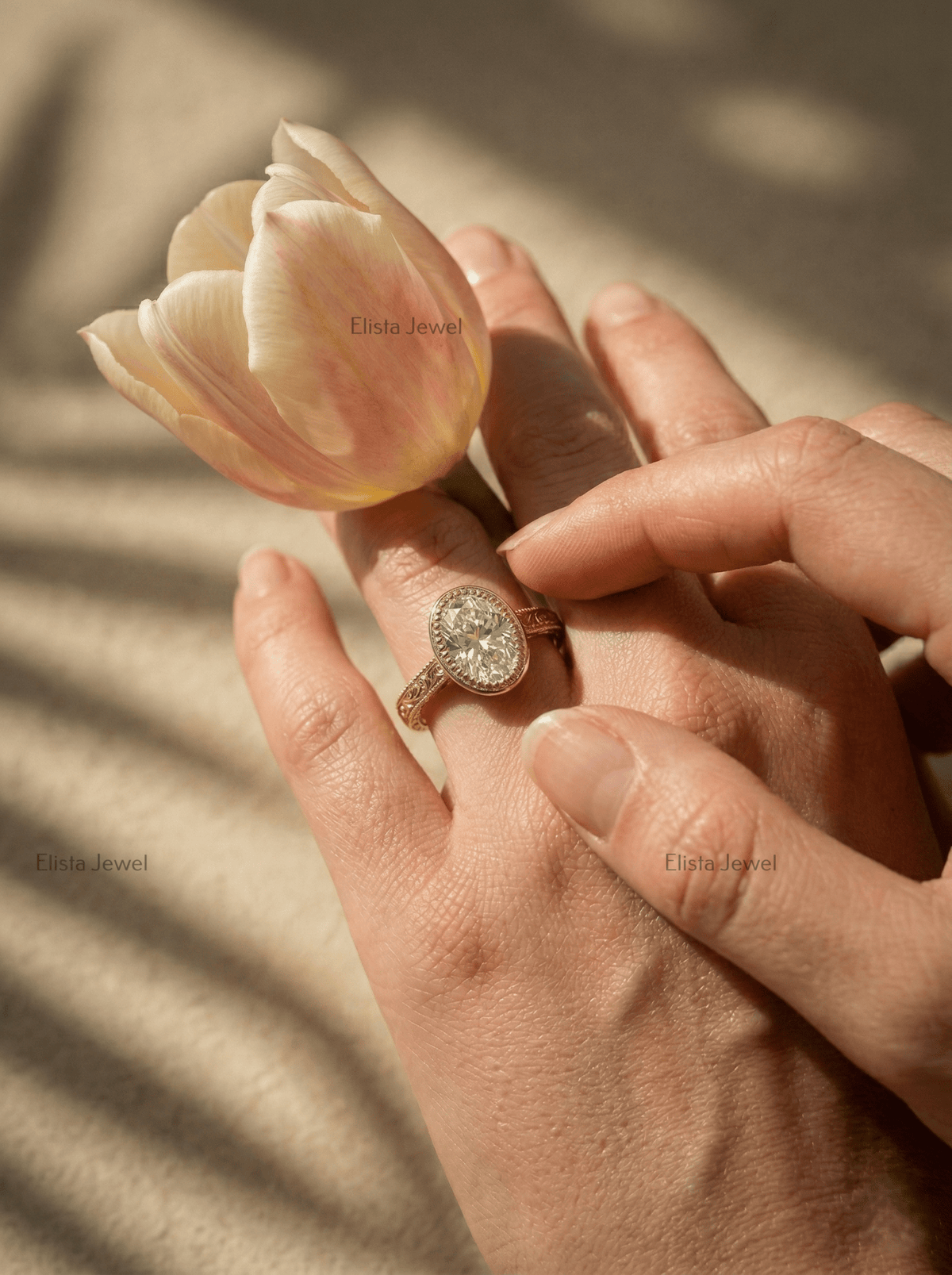 Oval Lab-Grown Diamond Engagement Ring, 14K Yellow Gold, Engraved Floral Band