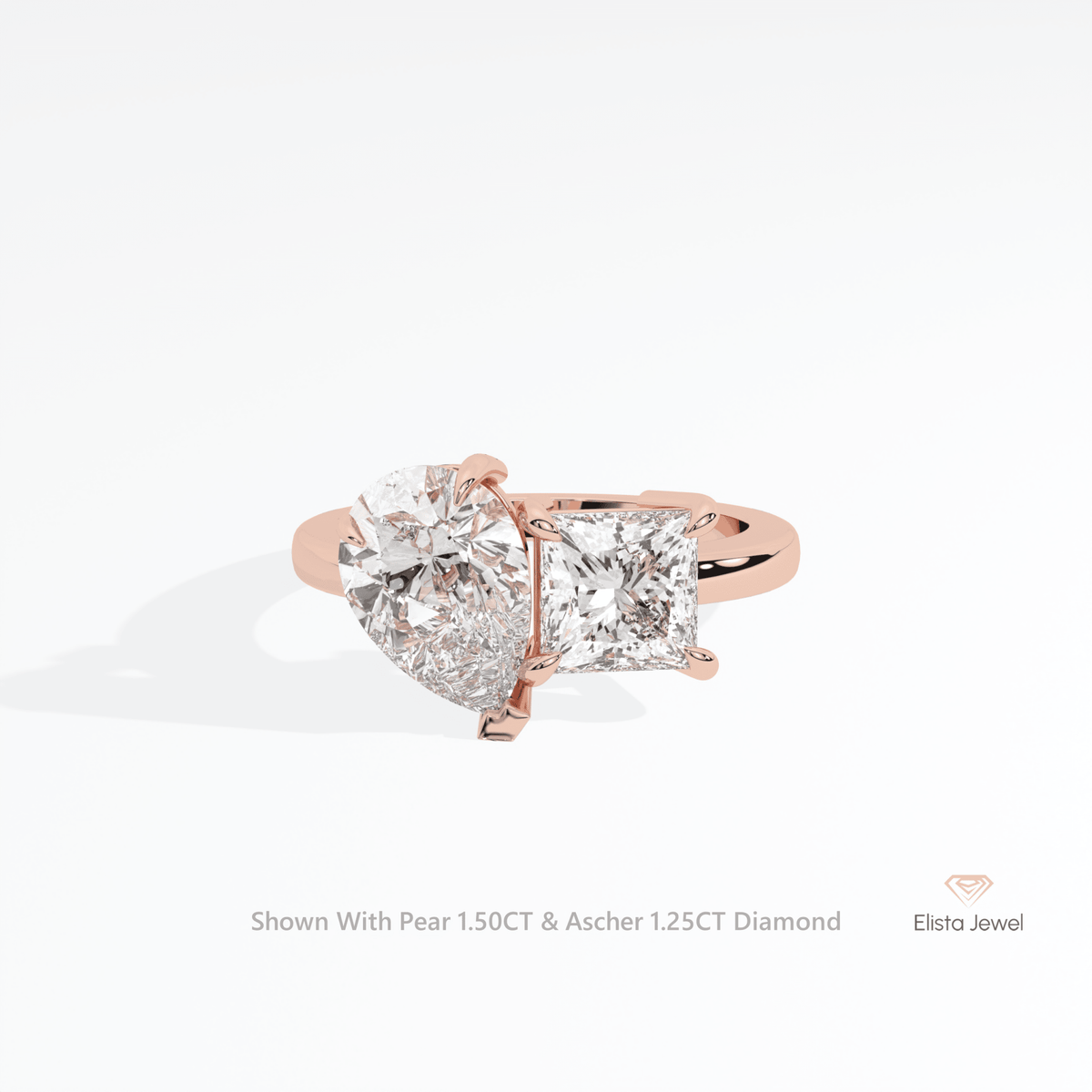 Pear And Ascher Cut Toi Et Moi Lab Grown Diamond Ring in 14K Yellow Gold - Detail View