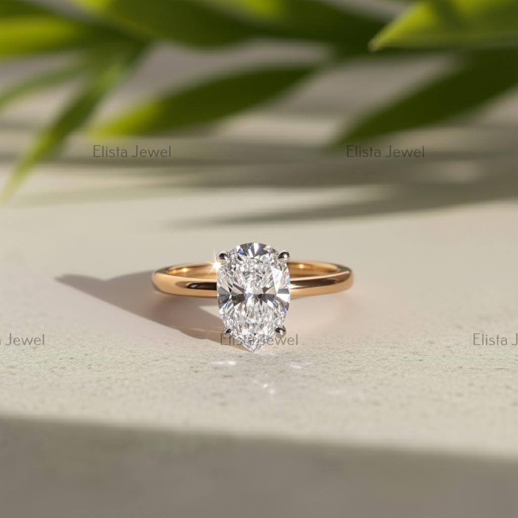 Pear Cut Lab-Grown Diamond Solitaire Engagement Ring, Two-Tone Gold Modern Minimalist Ring For Women