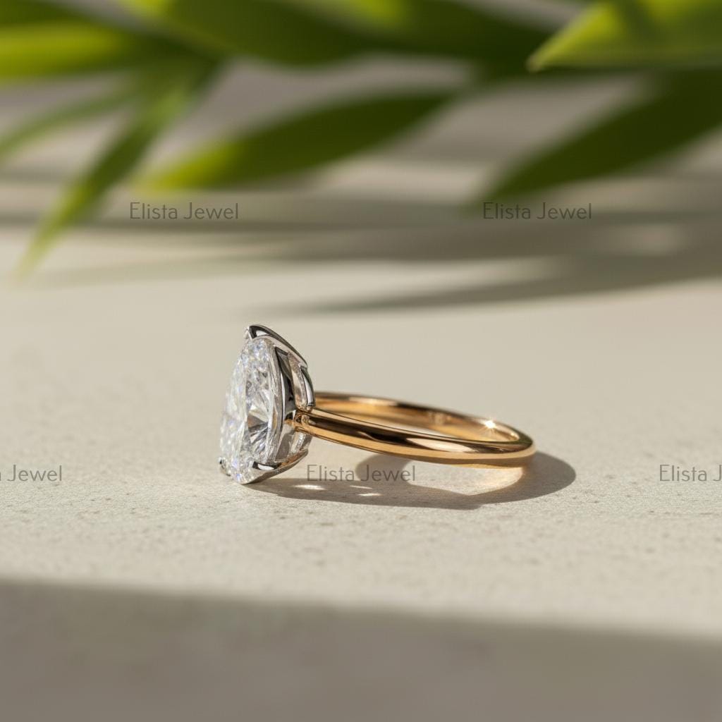 Pear Cut Lab-Grown Diamond Solitaire Engagement Ring, Two-Tone Gold Modern Minimalist Ring For Women