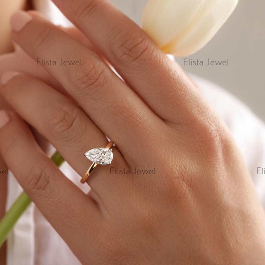 Pear Cut Lab-Grown Diamond Solitaire Engagement Ring, Two-Tone Gold Modern Minimalist Ring For Women