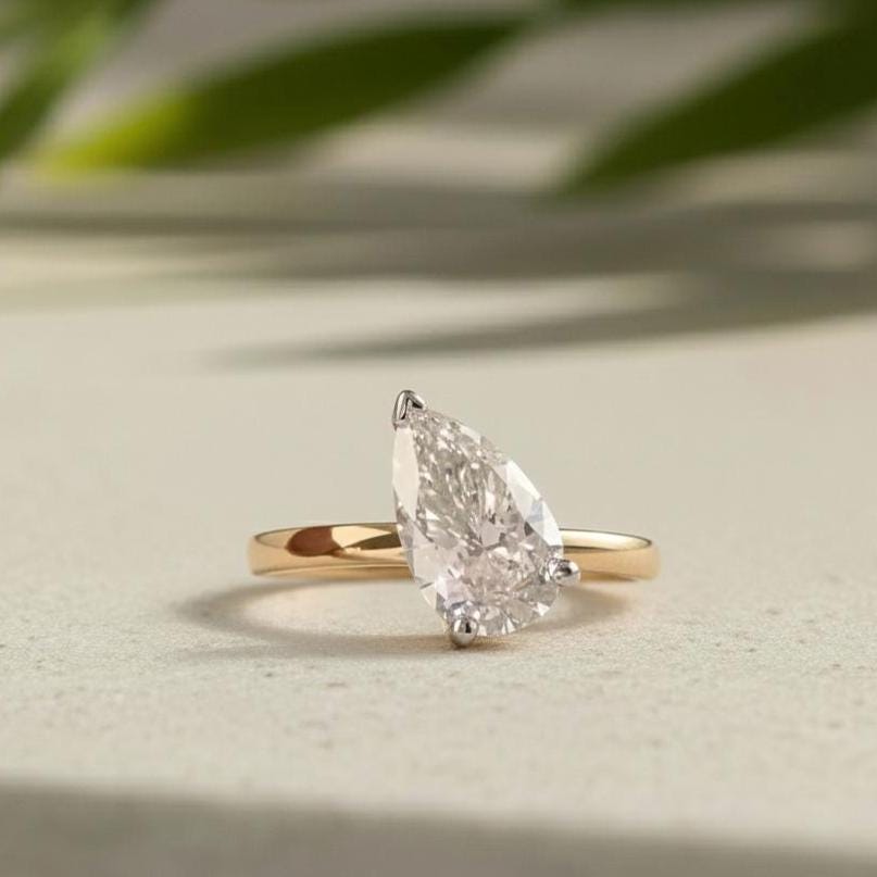Pear Cut Lab-Grown Diamond Solitaire Engagement Ring, Two-Tone Gold Modern Minimalist Ring For Women