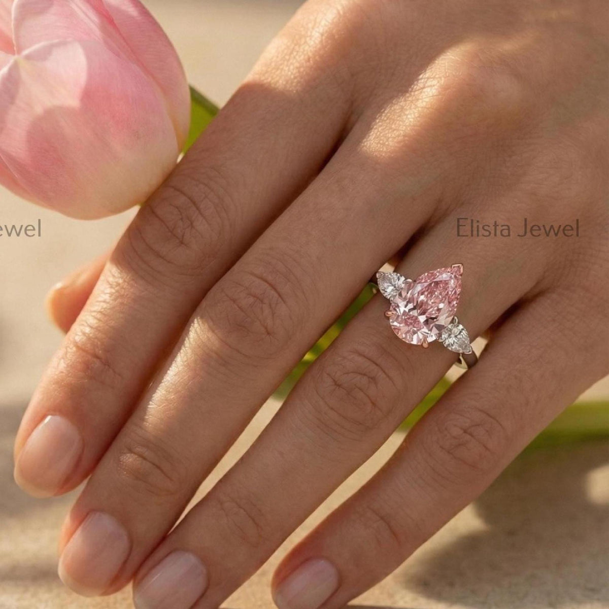 Pear Diamond Ring Pink Lab-Grown Three Stone Engagement Two-Tone Metal Finish
