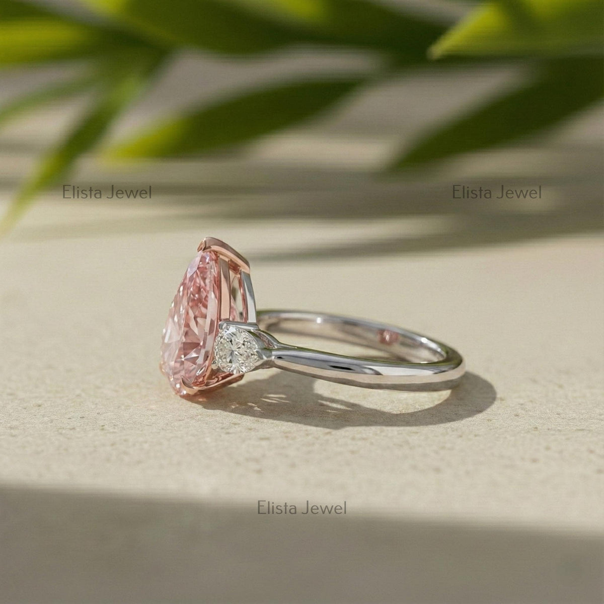 Pear Diamond Ring Pink Lab-Grown Three Stone Engagement Two-Tone Metal Finish