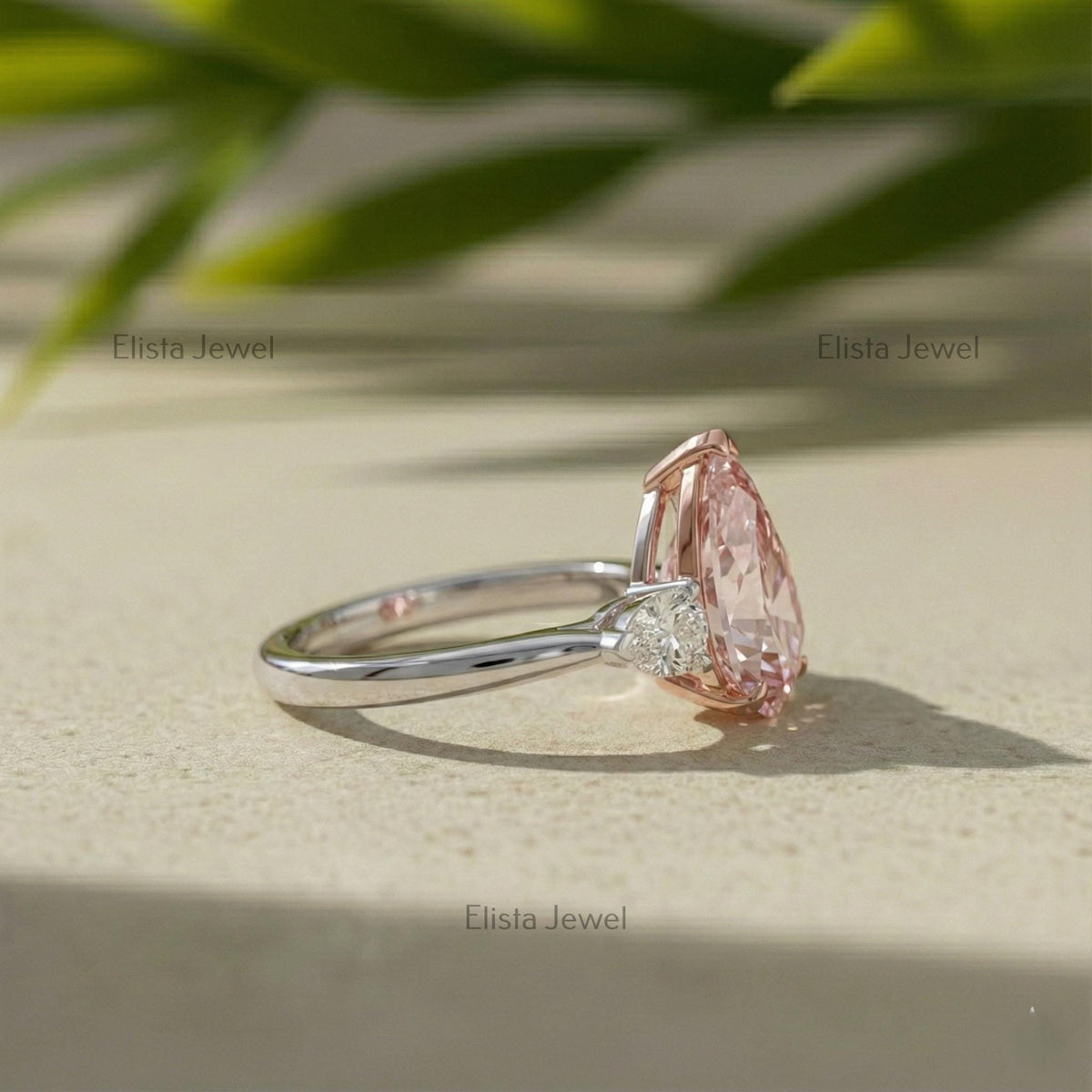 Pear Diamond Ring Pink Lab-Grown Three Stone Engagement Two-Tone Metal Finish