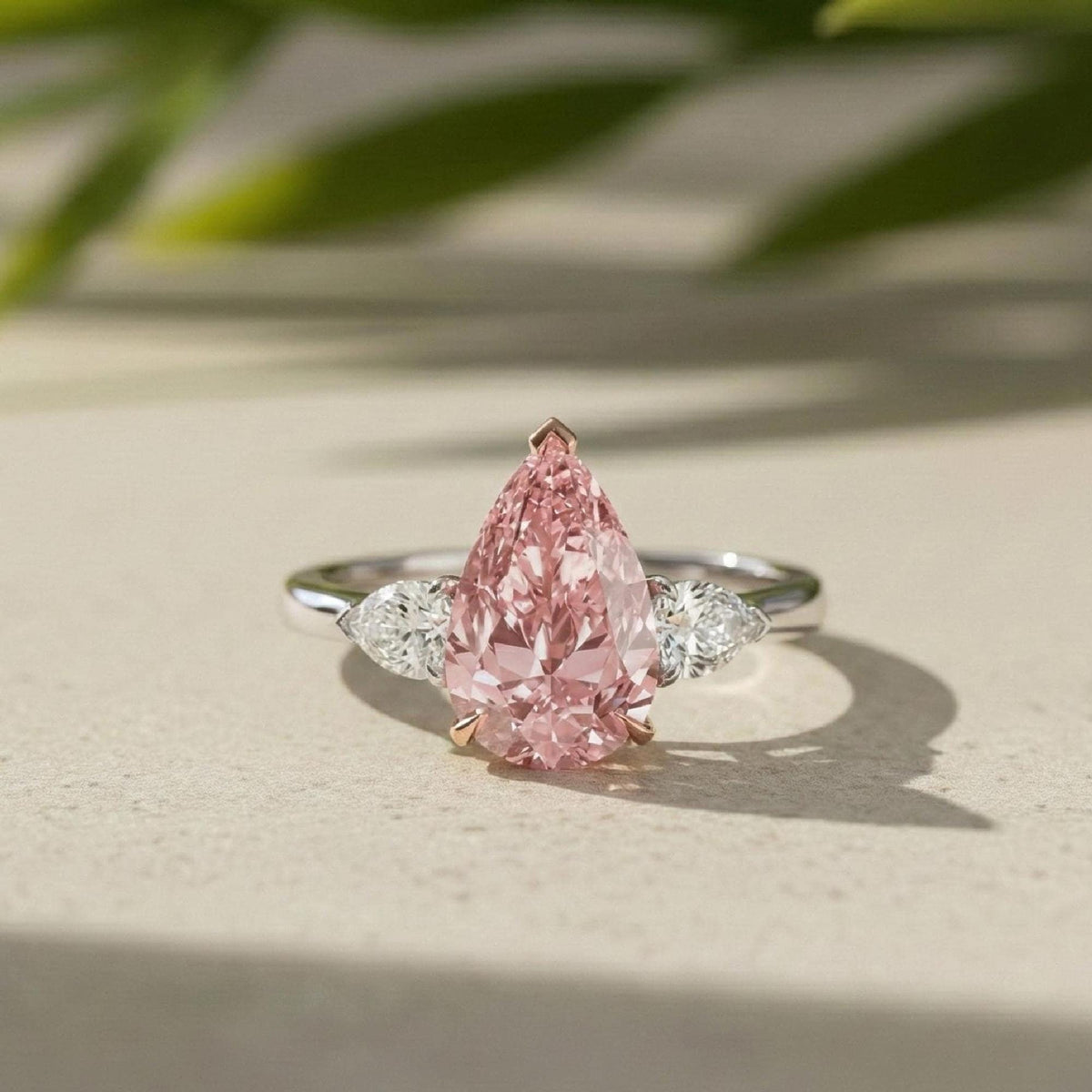 Pear Diamond Ring Pink Lab-Grown Three Stone Engagement Two-Tone Metal Finish