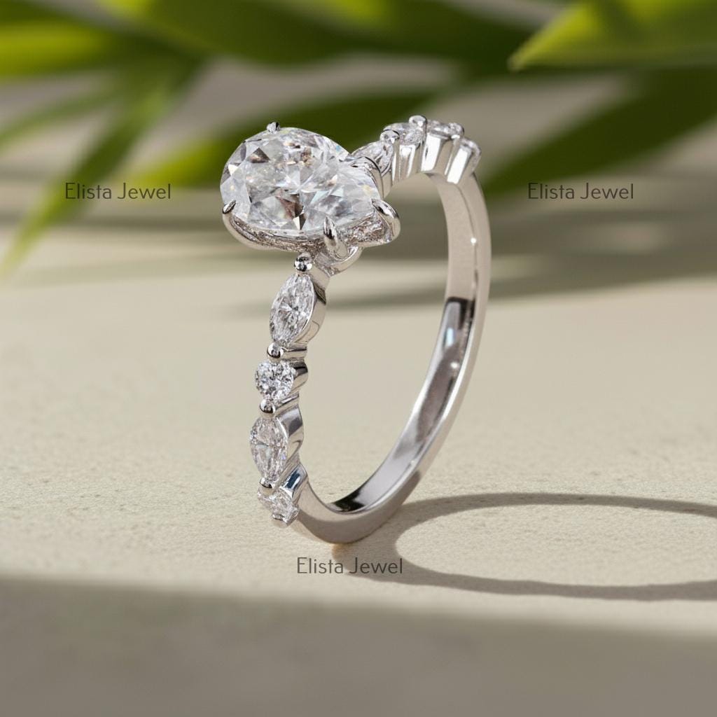 Pear Lab-Grown Diamond Engagement Ring, Marquise & Round Accents, 10K White Gold
