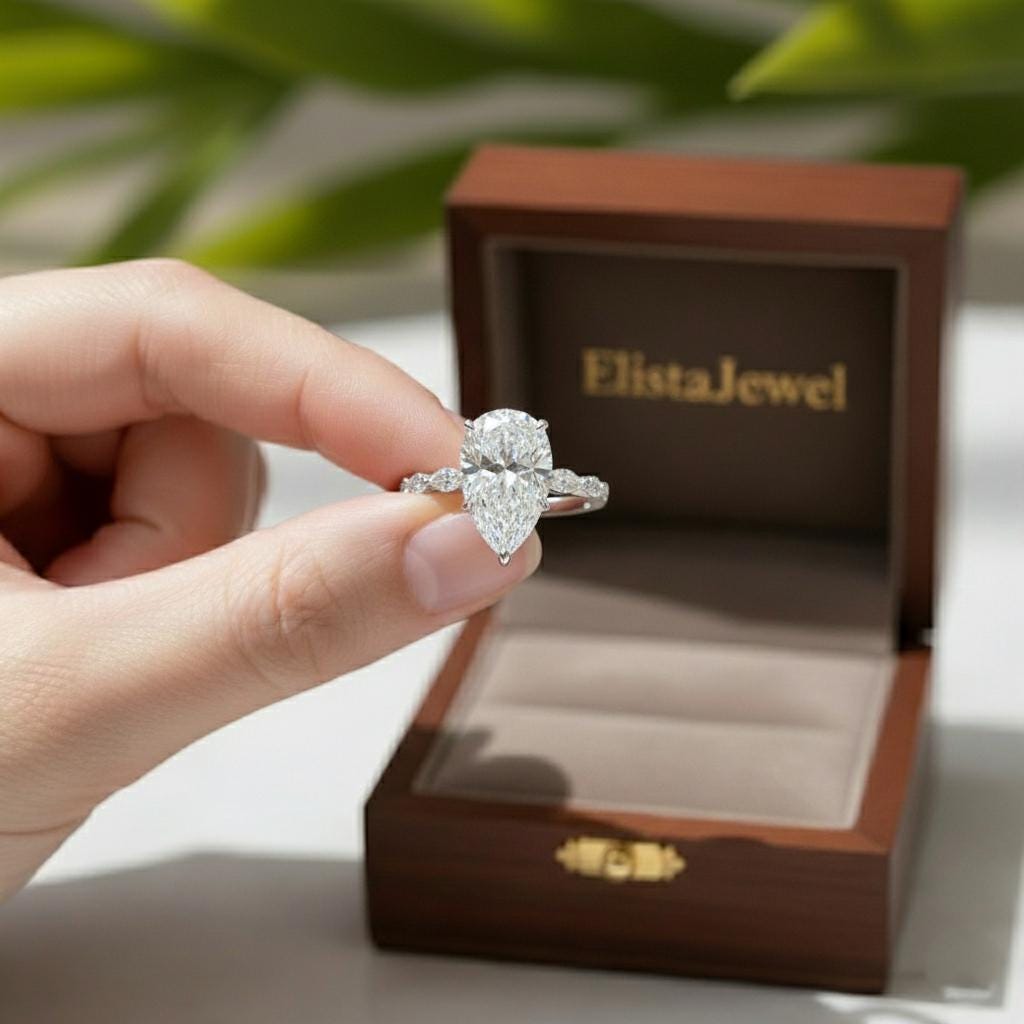 Pear Lab-Grown Diamond Engagement Ring, Marquise & Round Accents, 10K White Gold