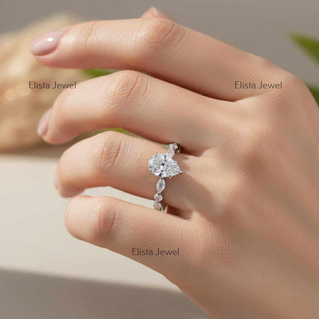 Pear Lab-Grown Diamond Engagement Ring, Marquise & Round Accents, 10K White Gold