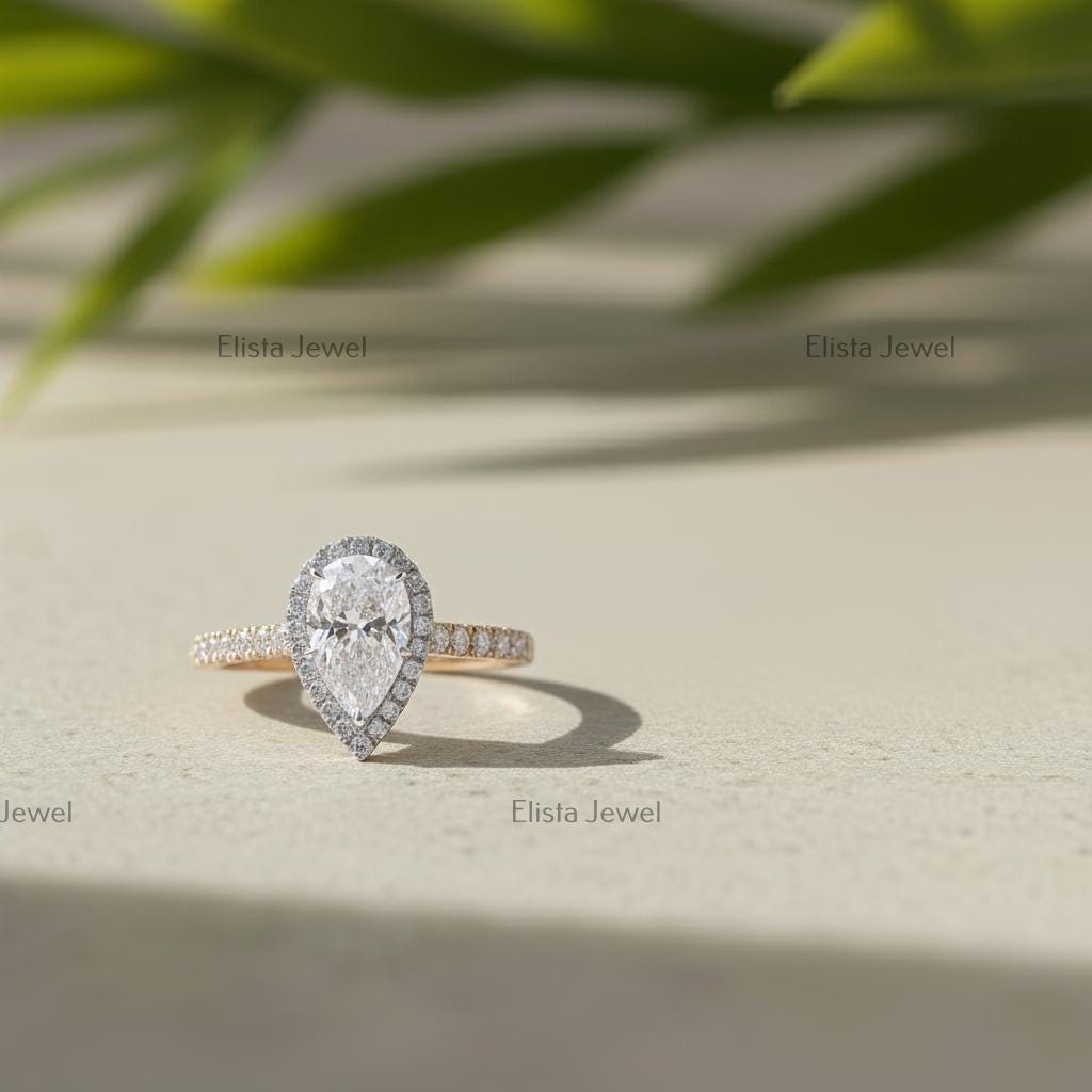 Pear Lab-Grown Diamond Halo Engagement Ring Set, 18K Yellow Gold Chevron Band