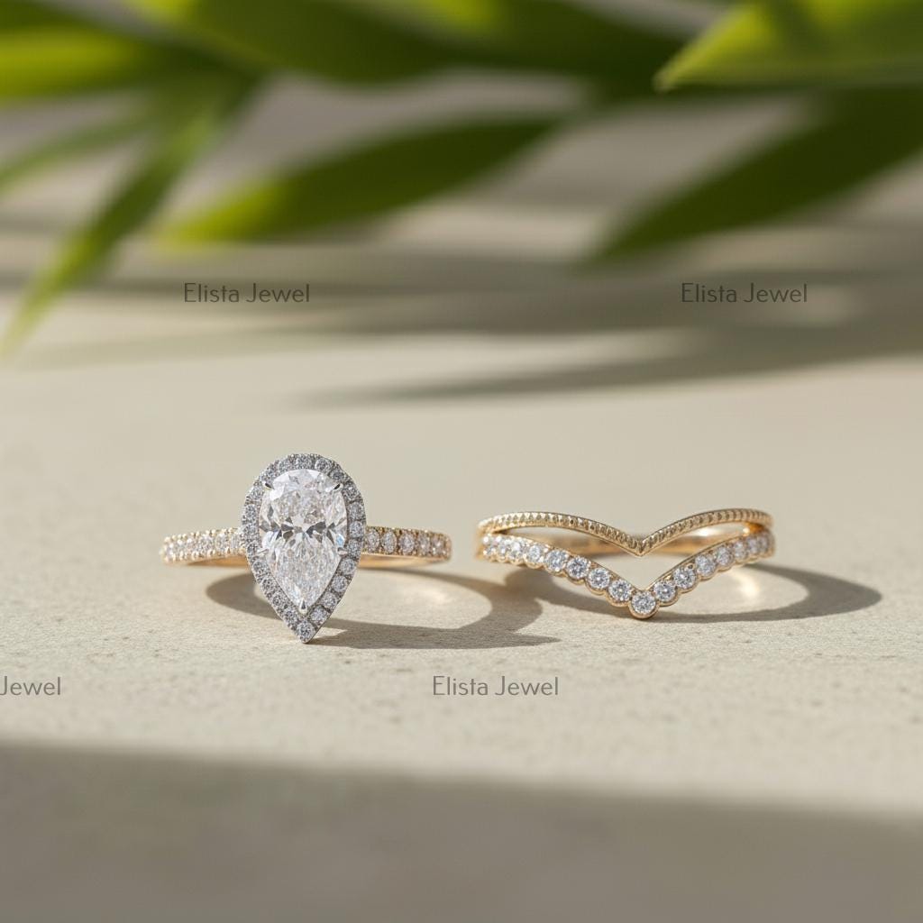 Pear Lab-Grown Diamond Halo Engagement Ring Set, 18K Yellow Gold Chevron Band