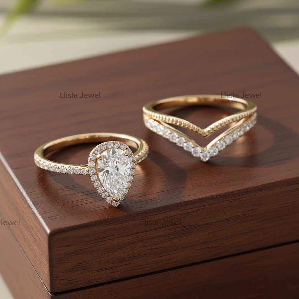 Pear Lab-Grown Diamond Halo Engagement Ring Set, 18K Yellow Gold Chevron Band