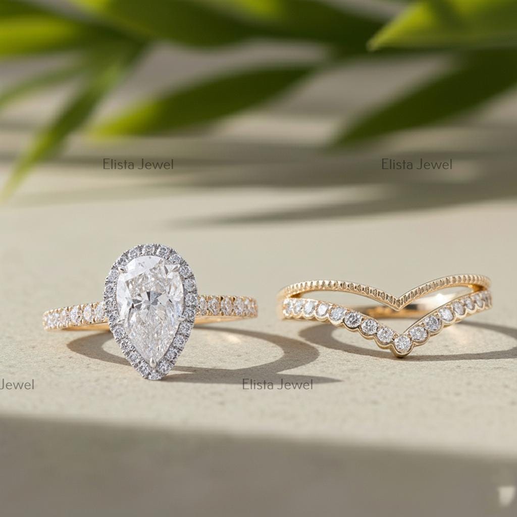 Pear Lab-Grown Diamond Halo Engagement Ring Set, 18K Yellow Gold Chevron Band