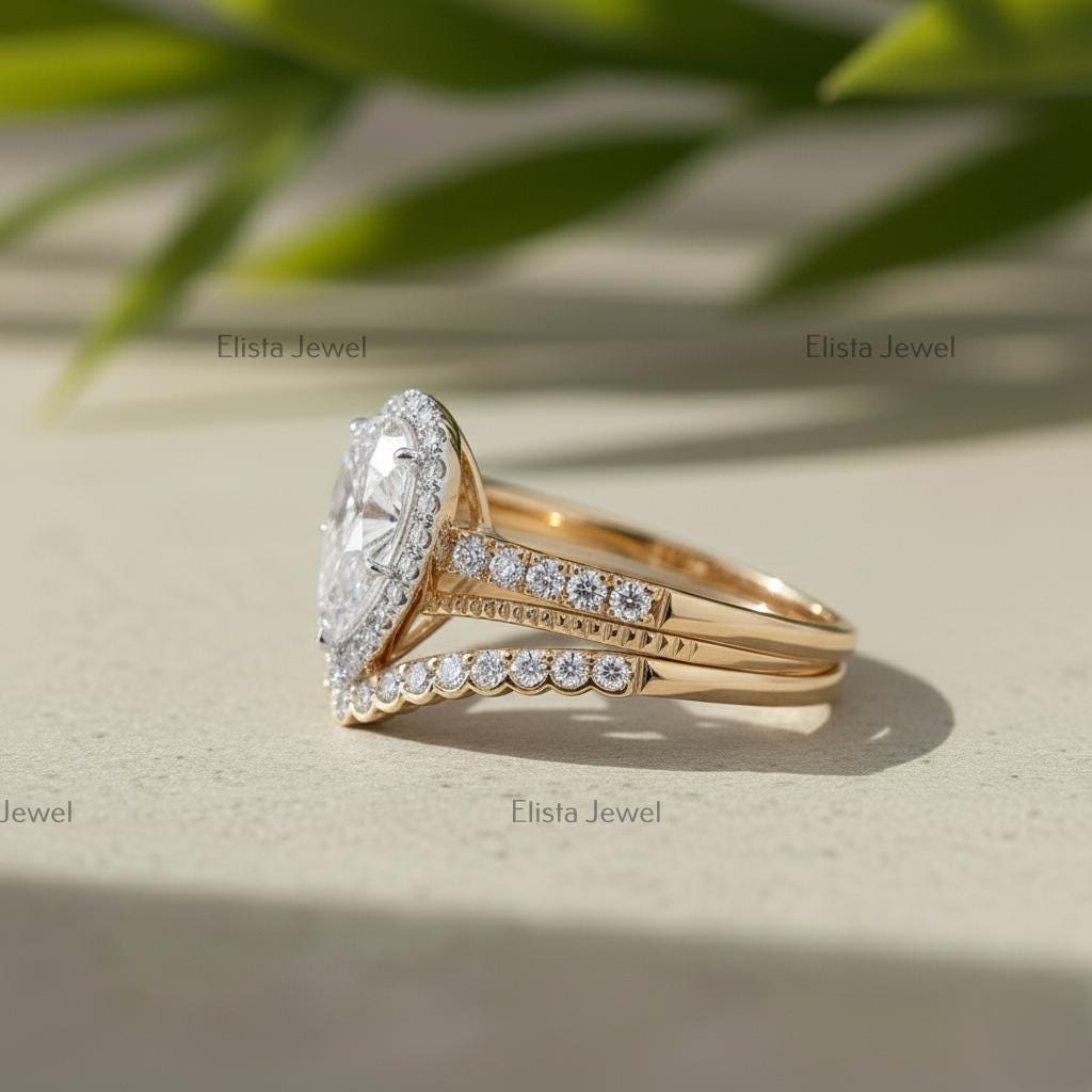 Pear Lab-Grown Diamond Halo Engagement Ring Set, 18K Yellow Gold Chevron Band
