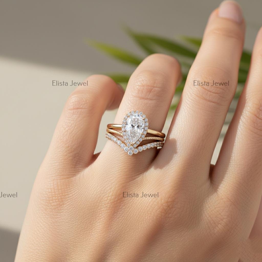 Pear Lab-Grown Diamond Halo Engagement Ring Set, 18K Yellow Gold Chevron Band