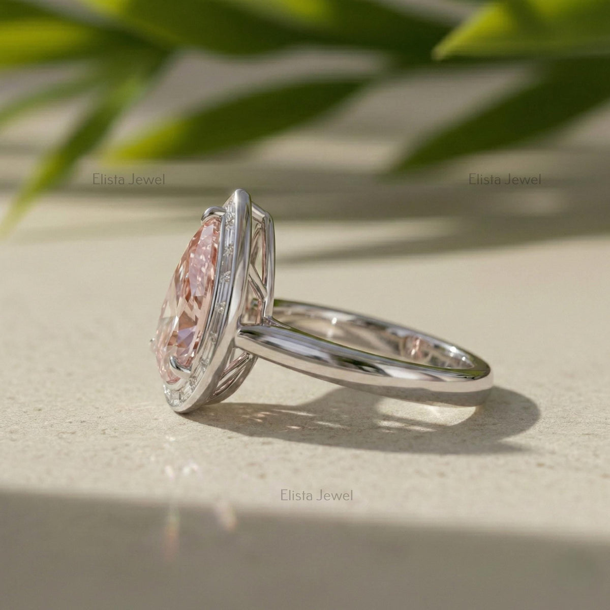 Pear Pink Lab Grown Diamond Halo Engagement Ring In 14K Solid White Gold