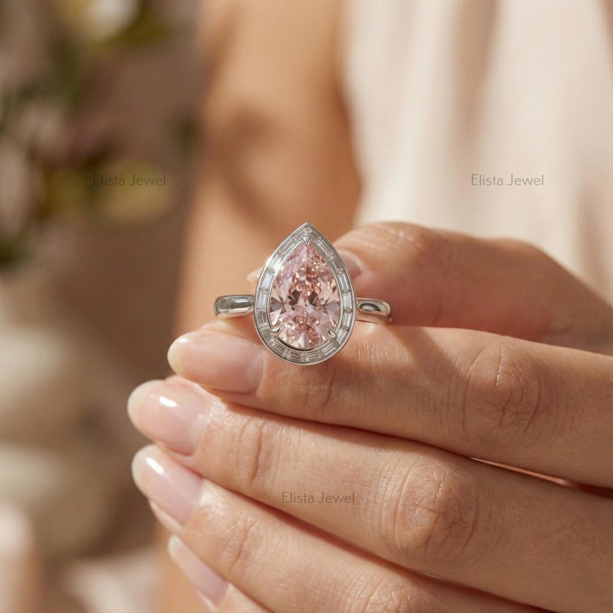 Pear Pink Lab Grown Diamond Halo Engagement Ring In 14K Solid White Gold