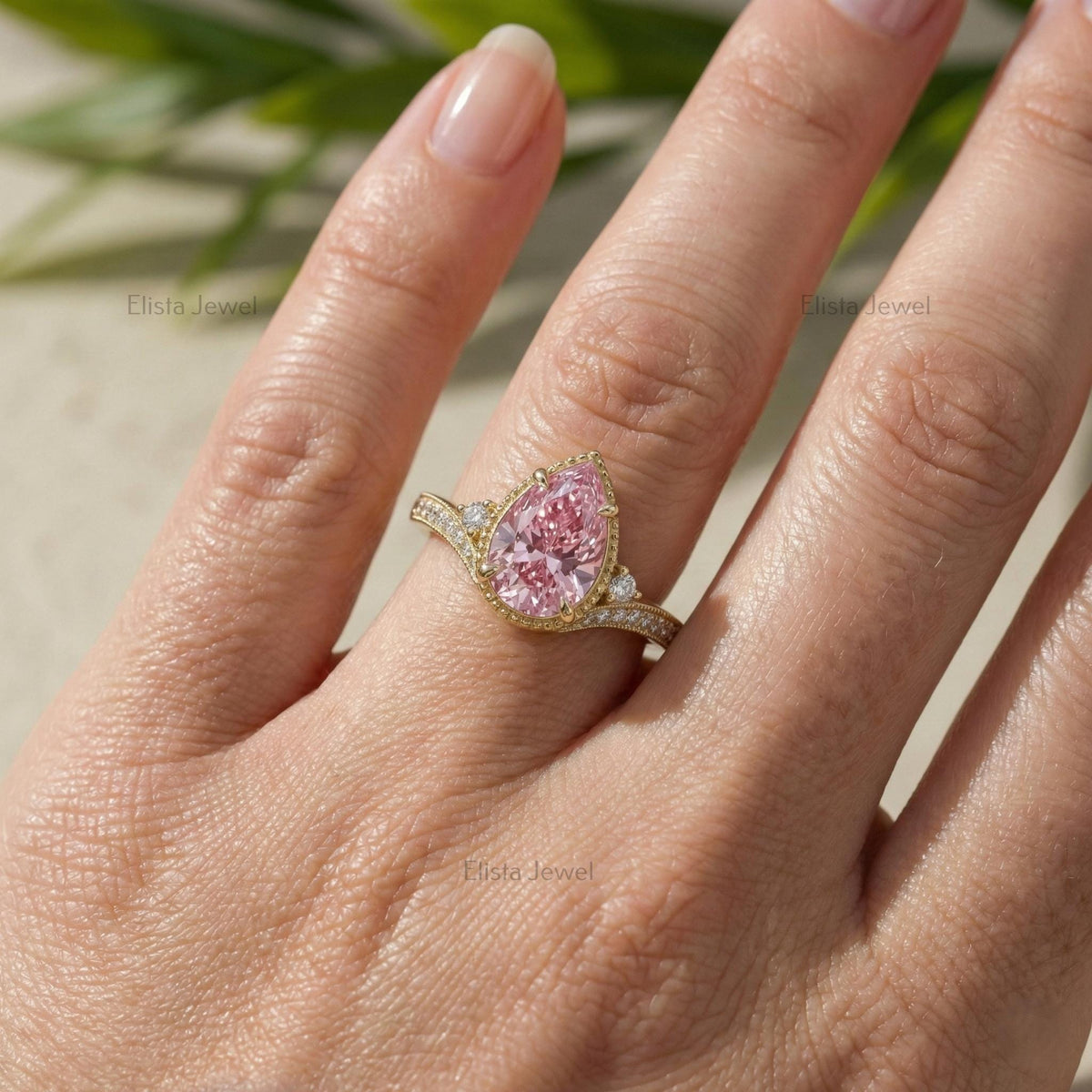 Pear Lab-grown Pink Diamond Ring In 14K Yellow Gold Milgrain Pave Engagement Ring