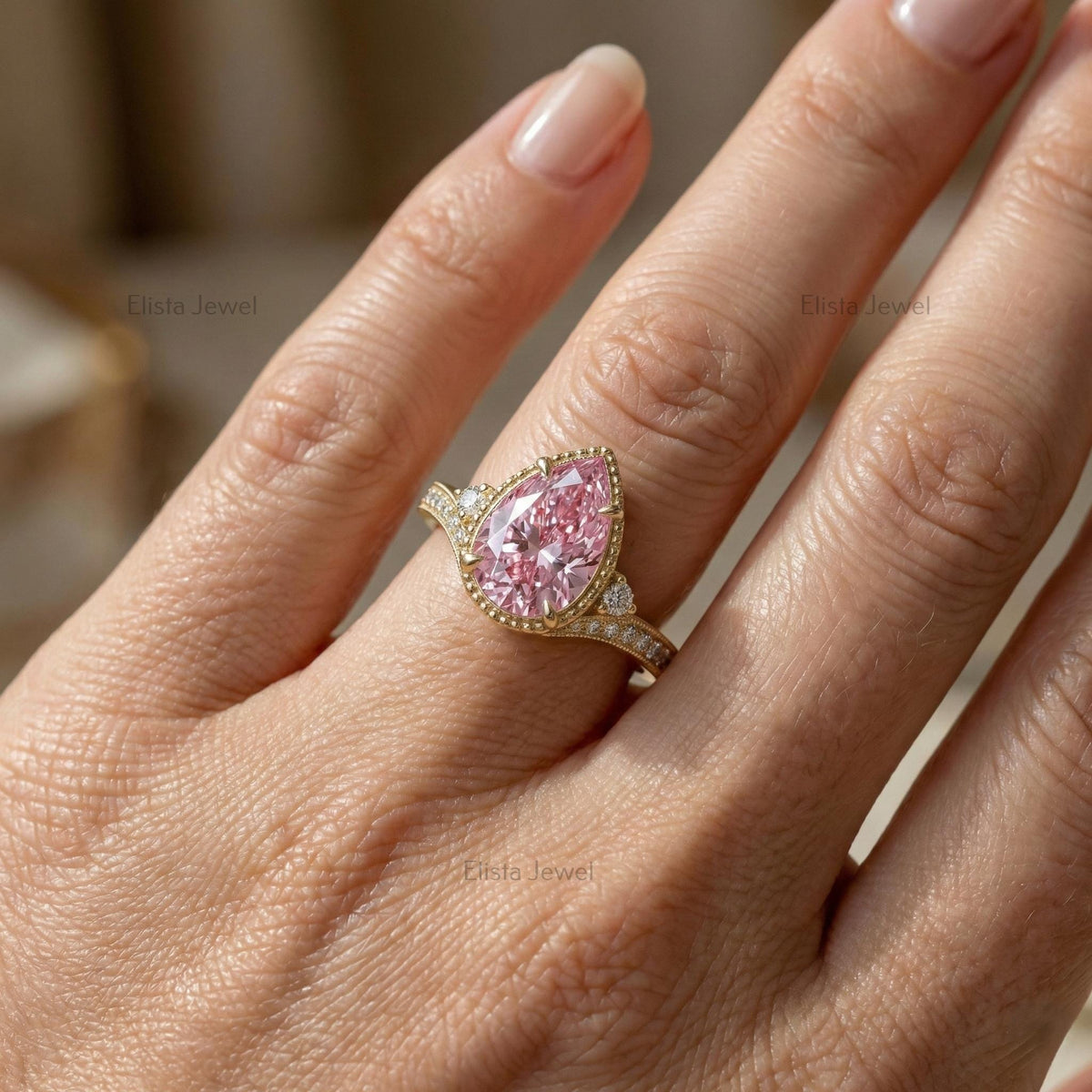 Pear Lab-grown Pink Diamond Ring In 14K Yellow Gold Milgrain Pave Engagement Ring