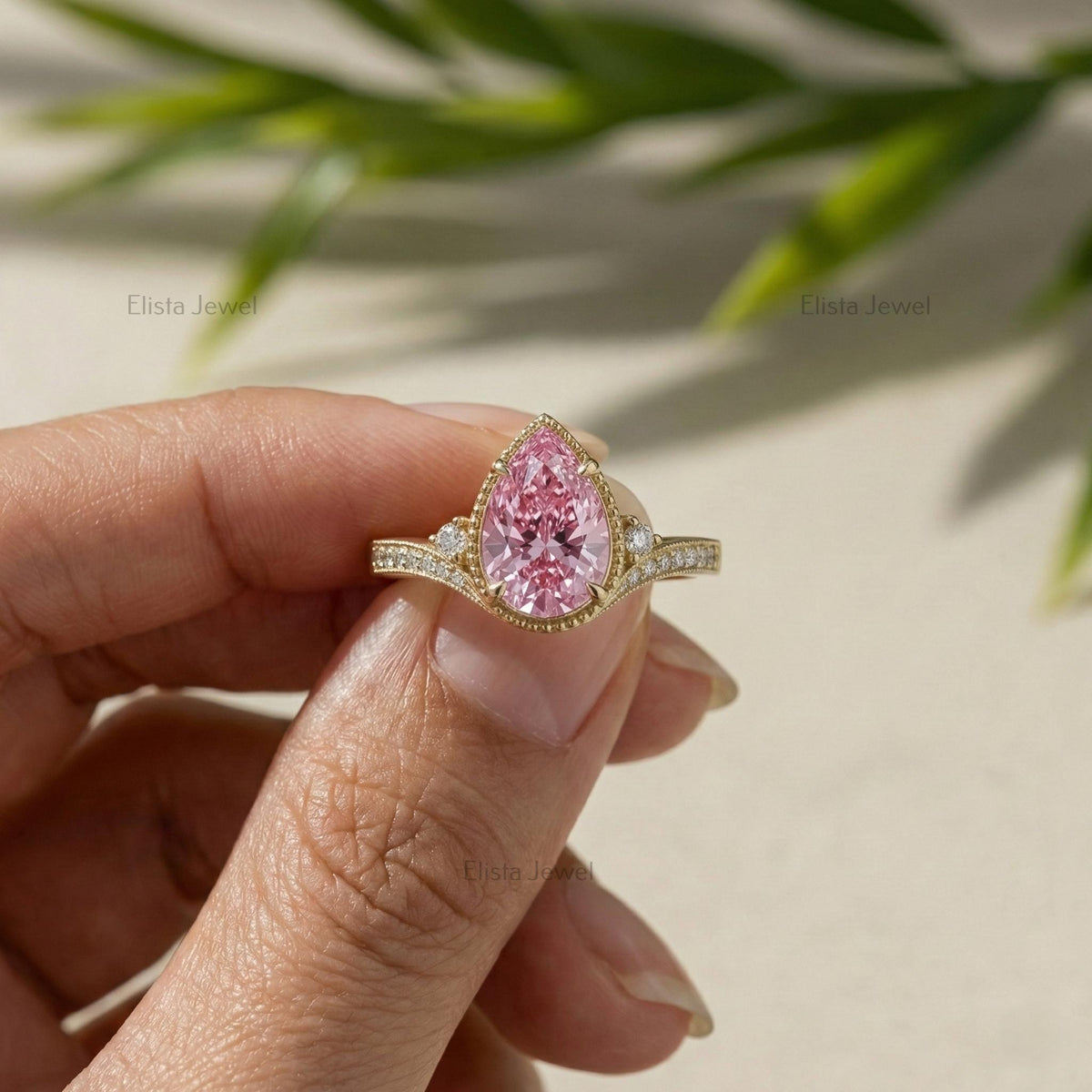 Pear Lab-grown Pink Diamond Ring In 14K Yellow Gold Milgrain Pave Engagement Ring