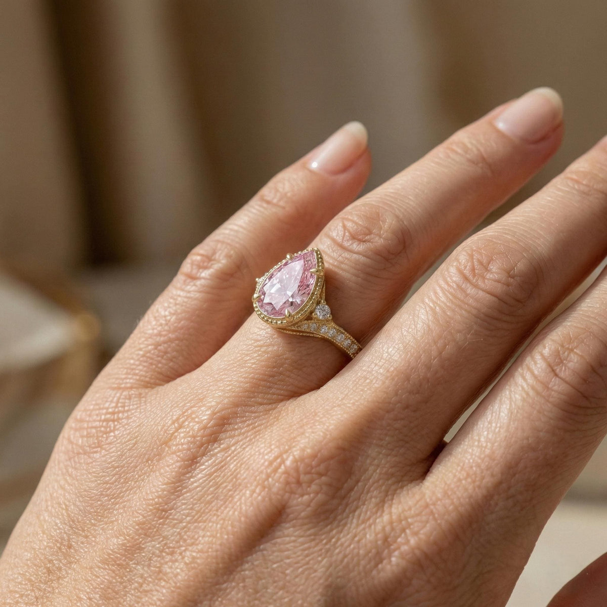 Pear Lab-grown Pink Diamond Ring In 14K Yellow Gold Milgrain Pave Engagement Ring