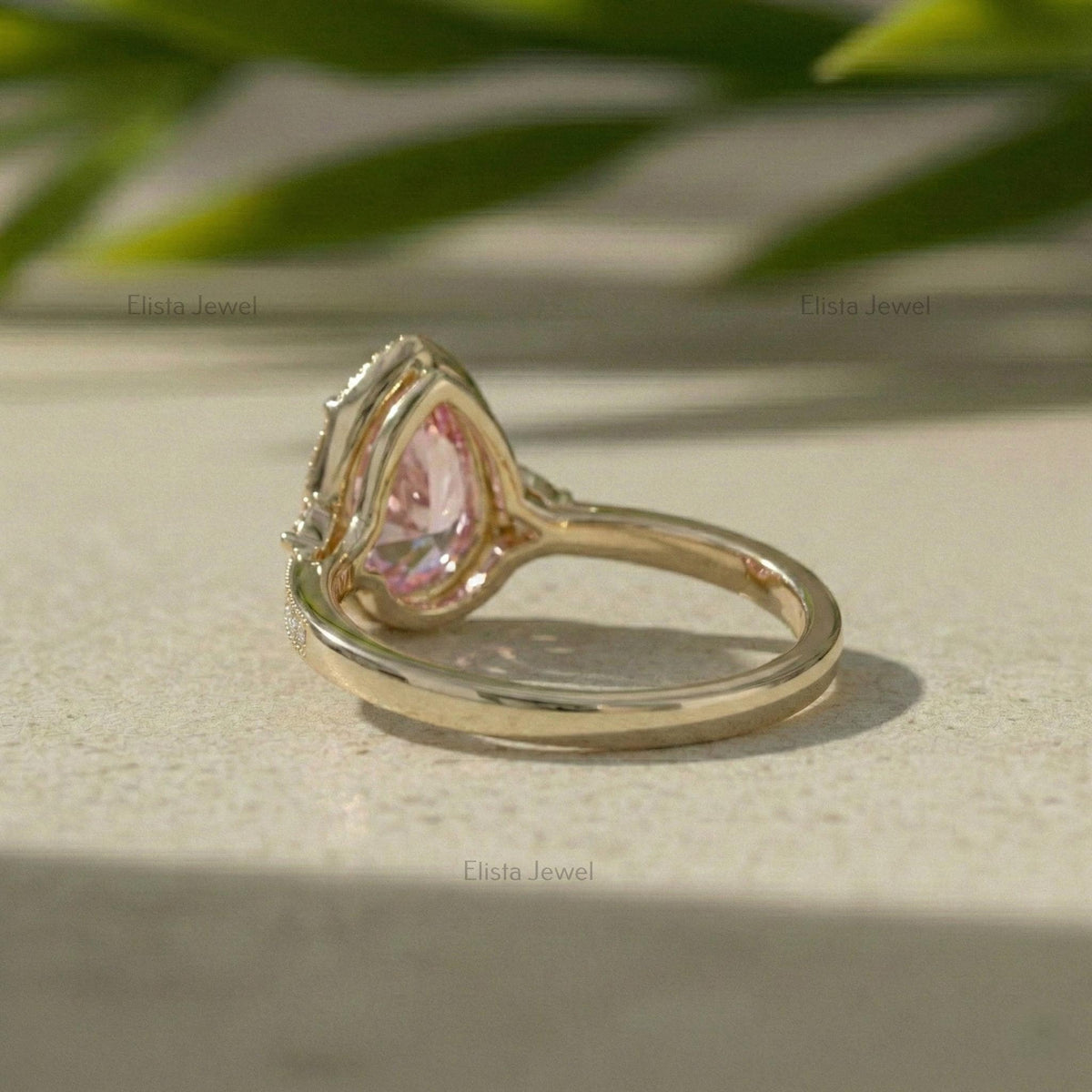 Pear Lab-grown Pink Diamond Ring In 14K Yellow Gold Milgrain Pave Engagement Ring