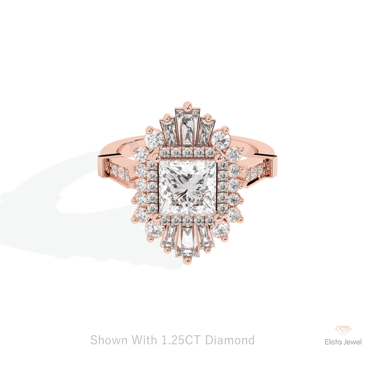 Princess Cut Halo Starburst Lab Grown Diamond Ring in 18K Rose Gold - Ring on Hand View