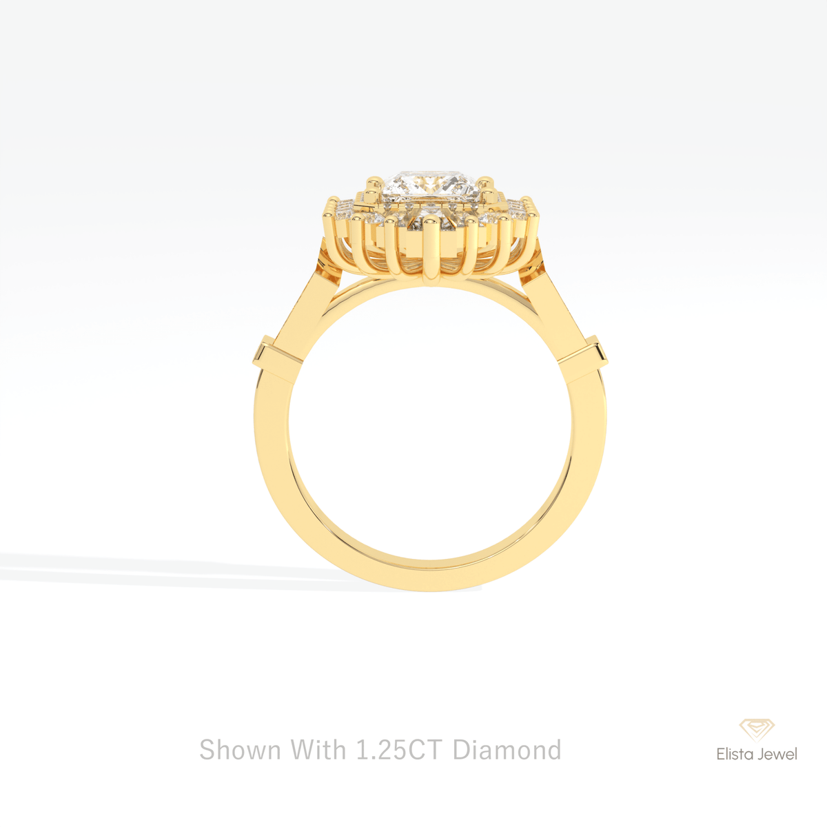 Princess Cut Halo Starburst Lab Grown Diamond Ring in 18K White Gold - Close-up View