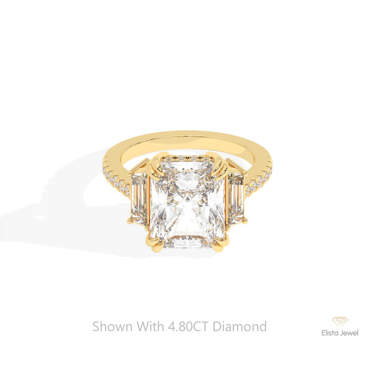 Radiant Cut Accent Three Stone Lab Grown Diamond Ring in 18K Rose Gold - Ring on Hand View