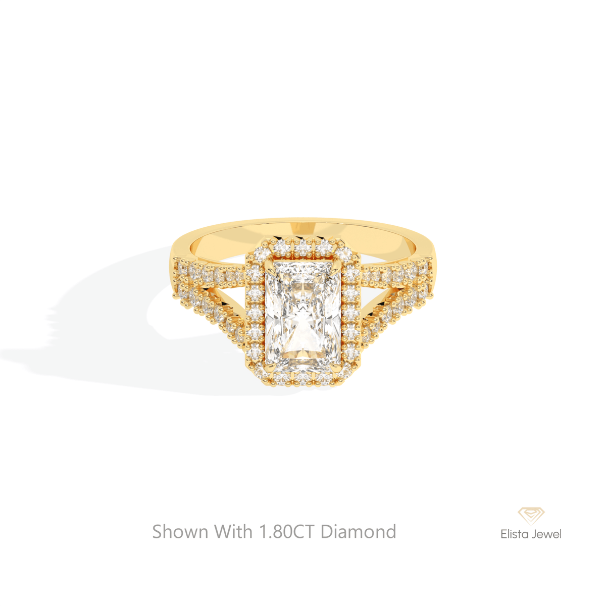 Radiant Cut Halo Engagement Lab Grown Diamond Ring in 14K Yellow Gold - Detail View