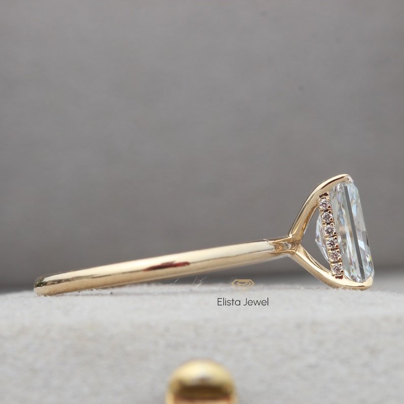 Radiant Cut Hidden Halo Engagement Lab Grown Diamond Ring in 18K Rose Gold - Ring on Hand View