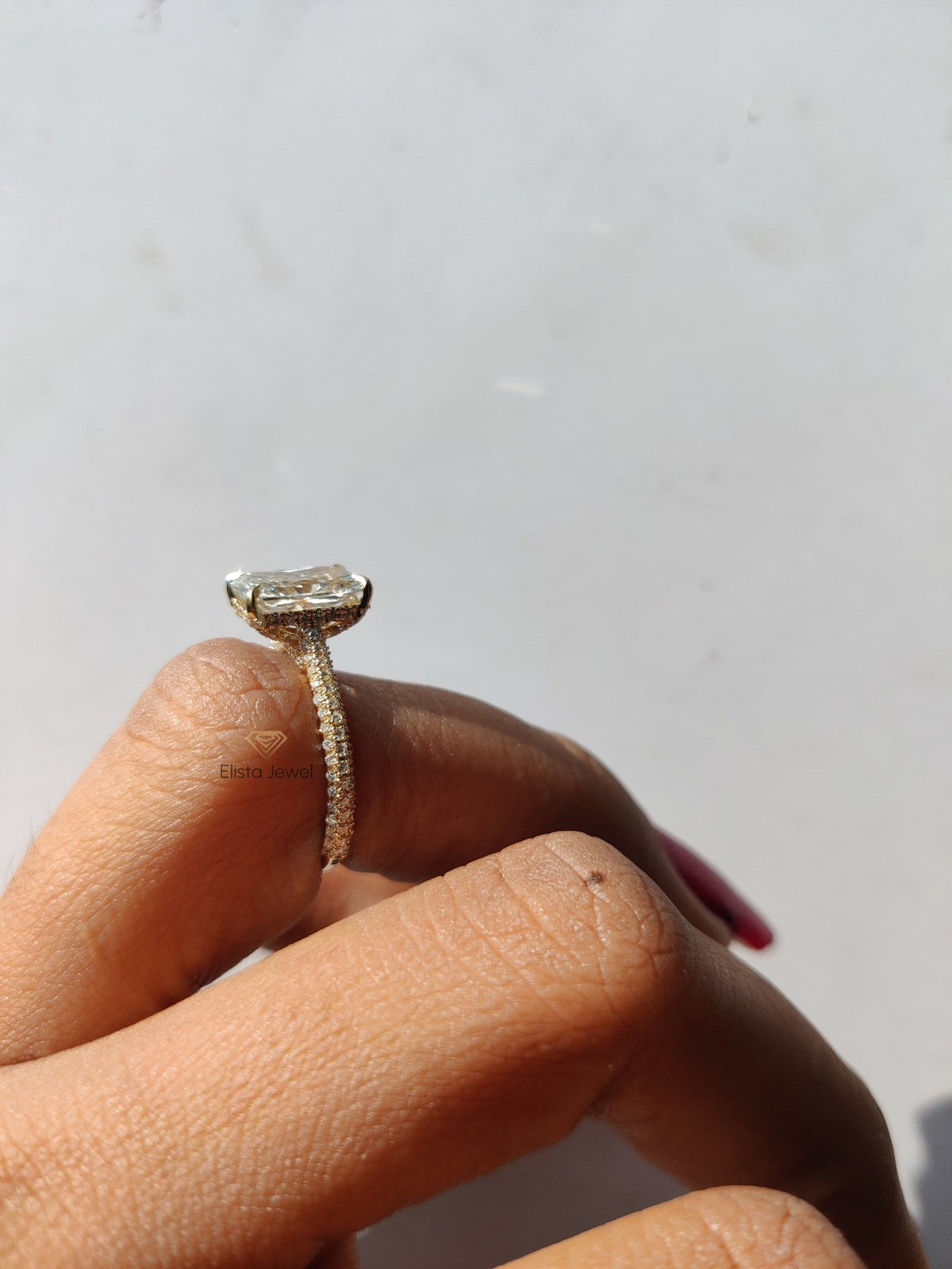 Radiant Cut Lab Diamond Hidden Halo Wedding Ring - Ring on Hand View