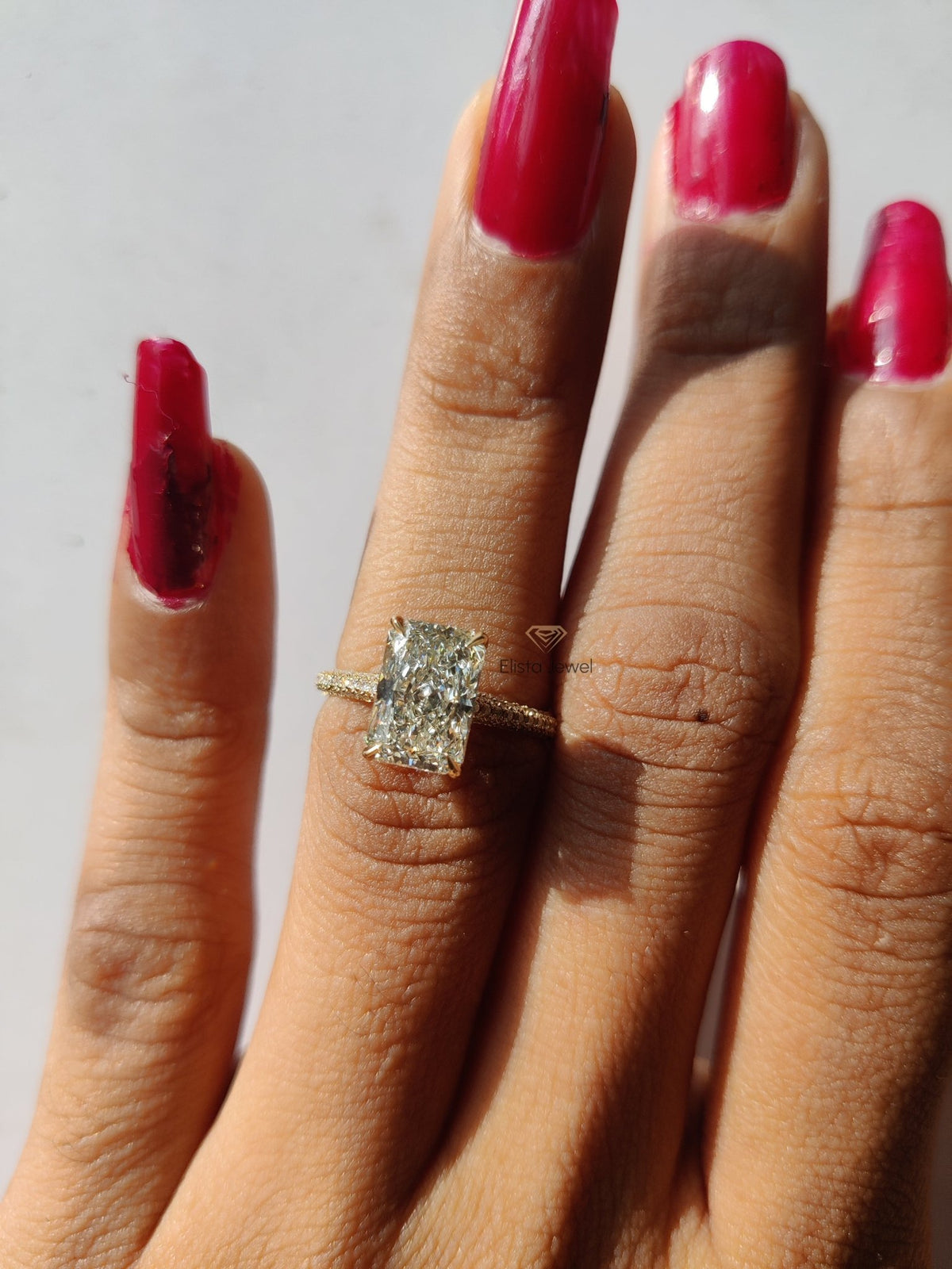 Radiant Cut Lab Diamond Hidden Halo Wedding Ring - Perspective View