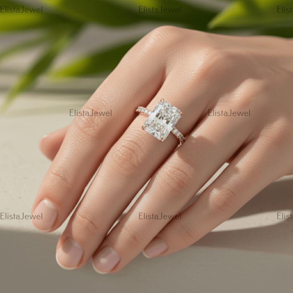 Radiant Cut Lab Grown Diamond Hidden Halo Engagement Ring In 14K Solid Yellow Gold, Certified Diamond Ring For Women...