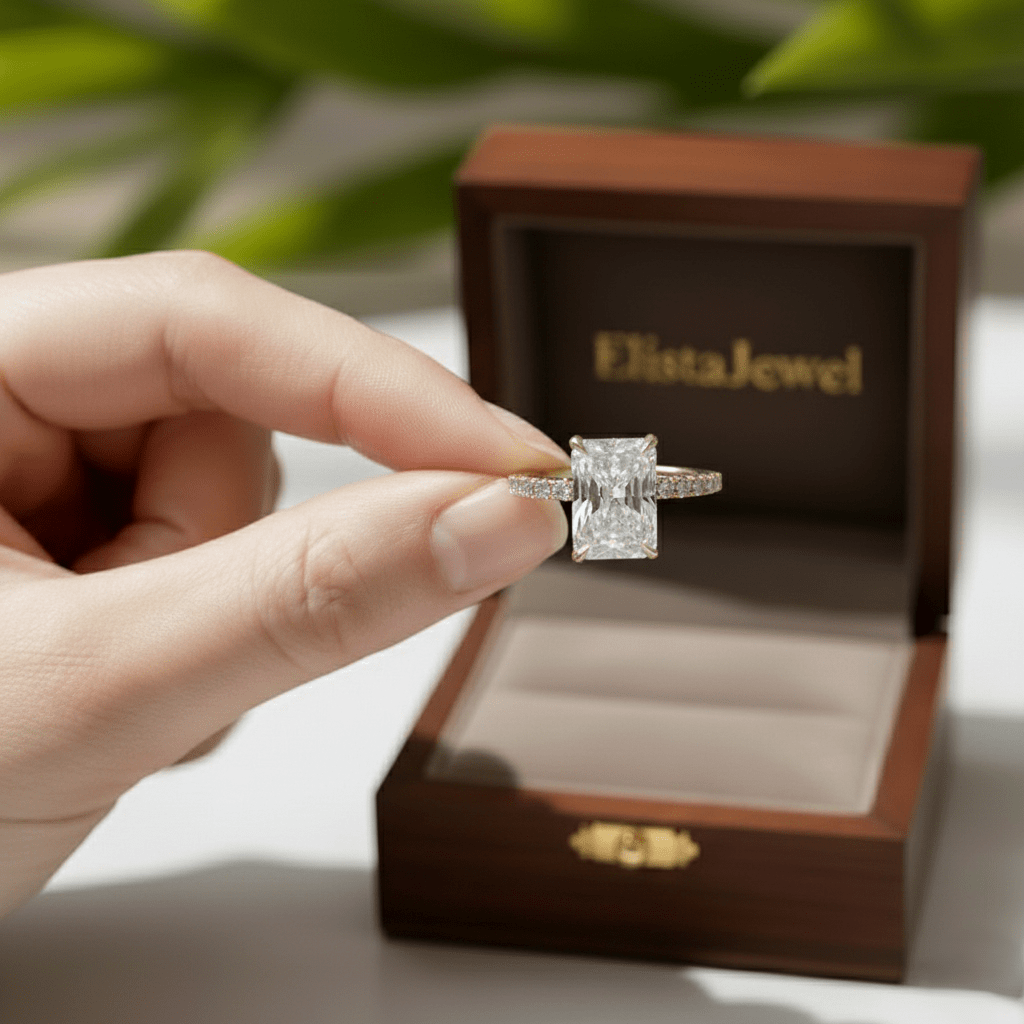 Radiant Cut Lab Grown Diamond Hidden Halo Engagement Ring In 14K Solid Yellow Gold, Certified Diamond Ring For Women...