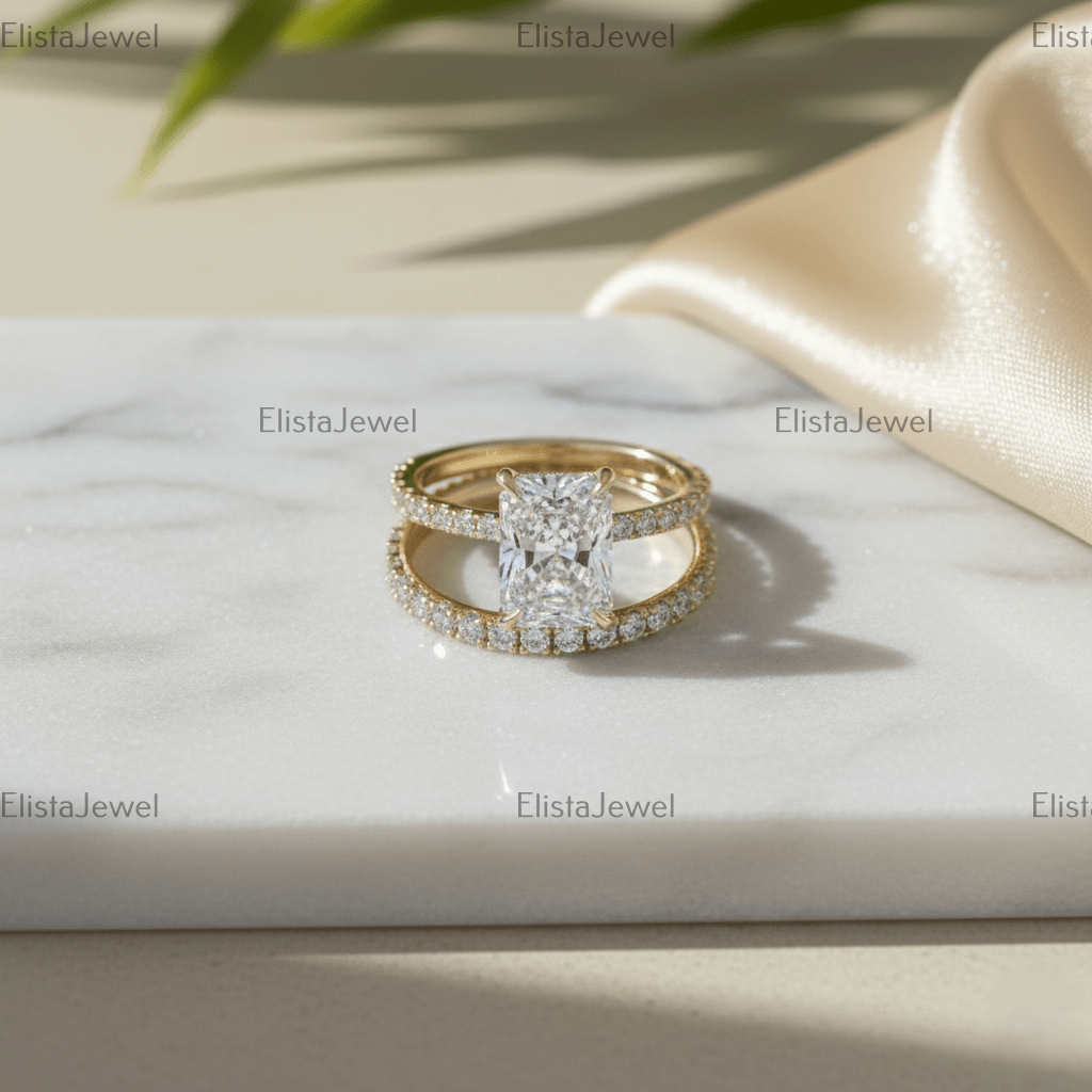 Radiant Cut Lab Grown Diamond Hidden Halo Engagement Ring In 14K Solid Yellow Gold, Certified Diamond Ring For Women...