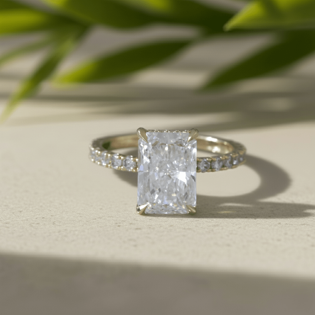 Radiant Cut Lab Grown Diamond Hidden Halo Engagement Ring In 14K Solid Yellow Gold, Certified Diamond Ring For Women...