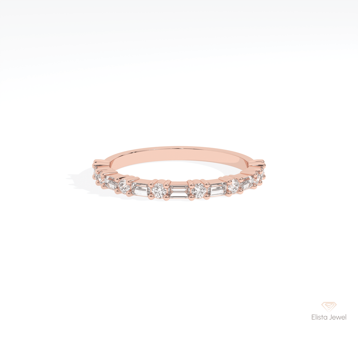 Round & Baguette Cut Half Eternity Lab Grown Diamond Band in 18K Rose Gold - Ring on Hand View