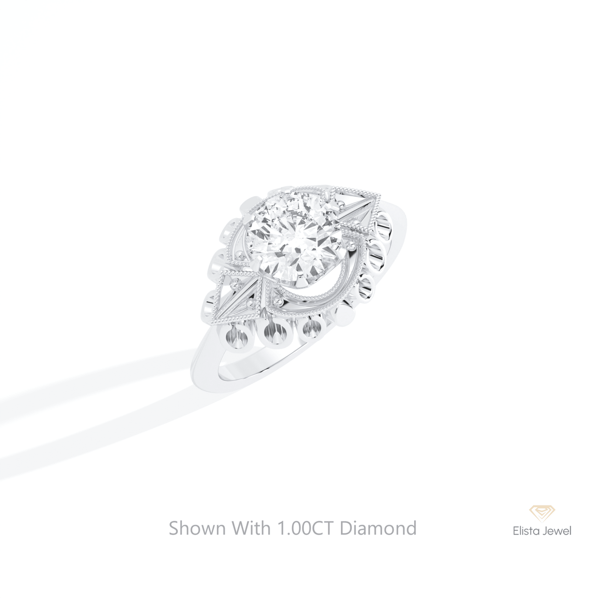 Round Cut Art Deco Engagement Lab Grown Diamond Ring in 10K Yellow Gold - Side View