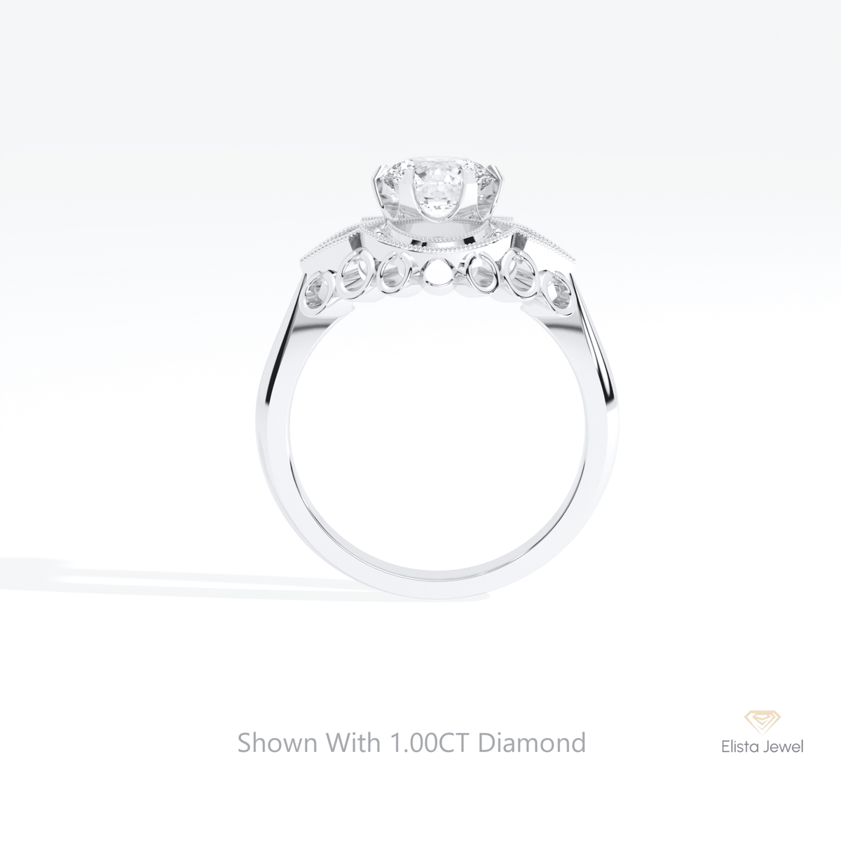 Round Cut Art Deco Engagement Lab Grown Diamond Ring in 10K Rose Gold - Angled View