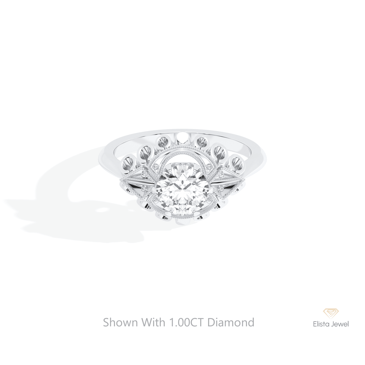 Round Cut Art Deco Engagement Lab Grown Diamond Ring in 10K White Gold - Front View