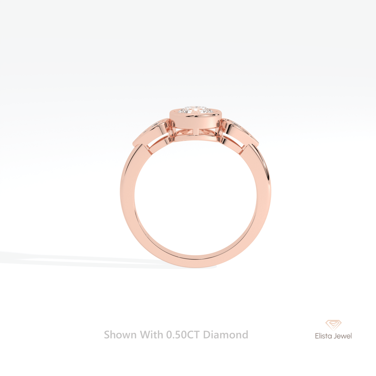Round Cut Bezel Accent Engagement Lab Grown Diamond Ring in 10K Rose Gold - Angled View