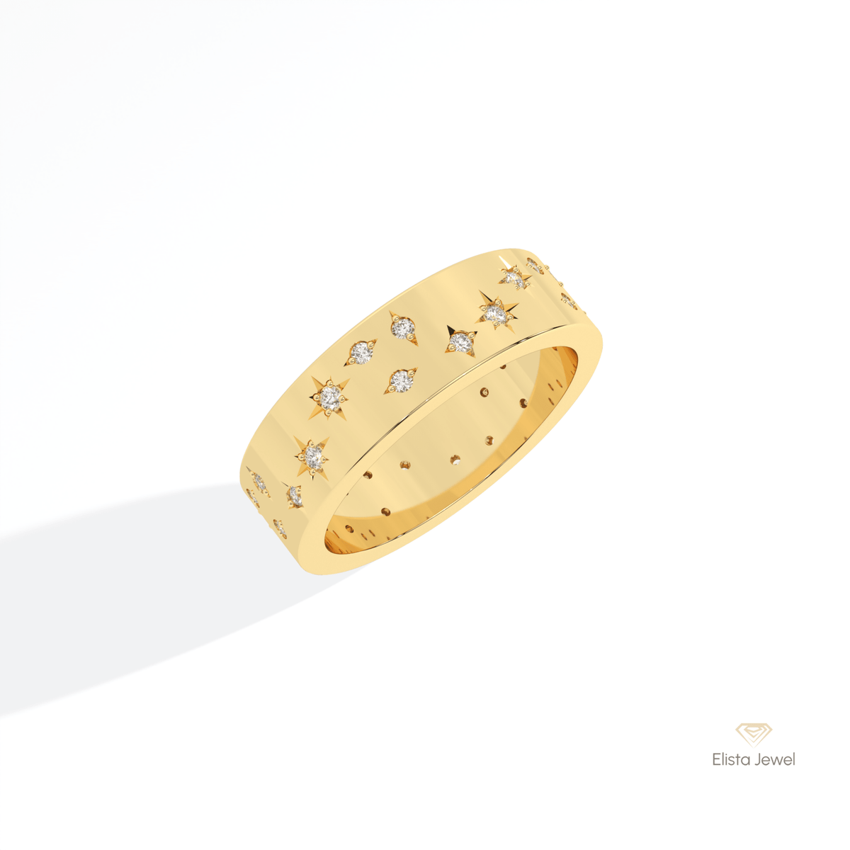 Round Cut Celestial Wedding Lab Grown Diamond Band in 10K Yellow Gold - Side View