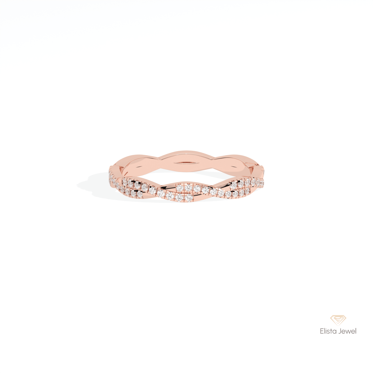 Round Cut Crossover Wedding Lab Grown Diamond Band in 18K Rose Gold - Ring on Hand View