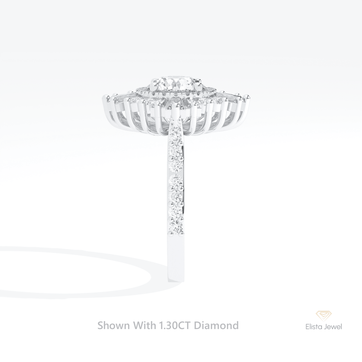 Round Cut Double Halo Accent Starburst Lab Grown Diamond Ring in 14K White Gold - Top View
