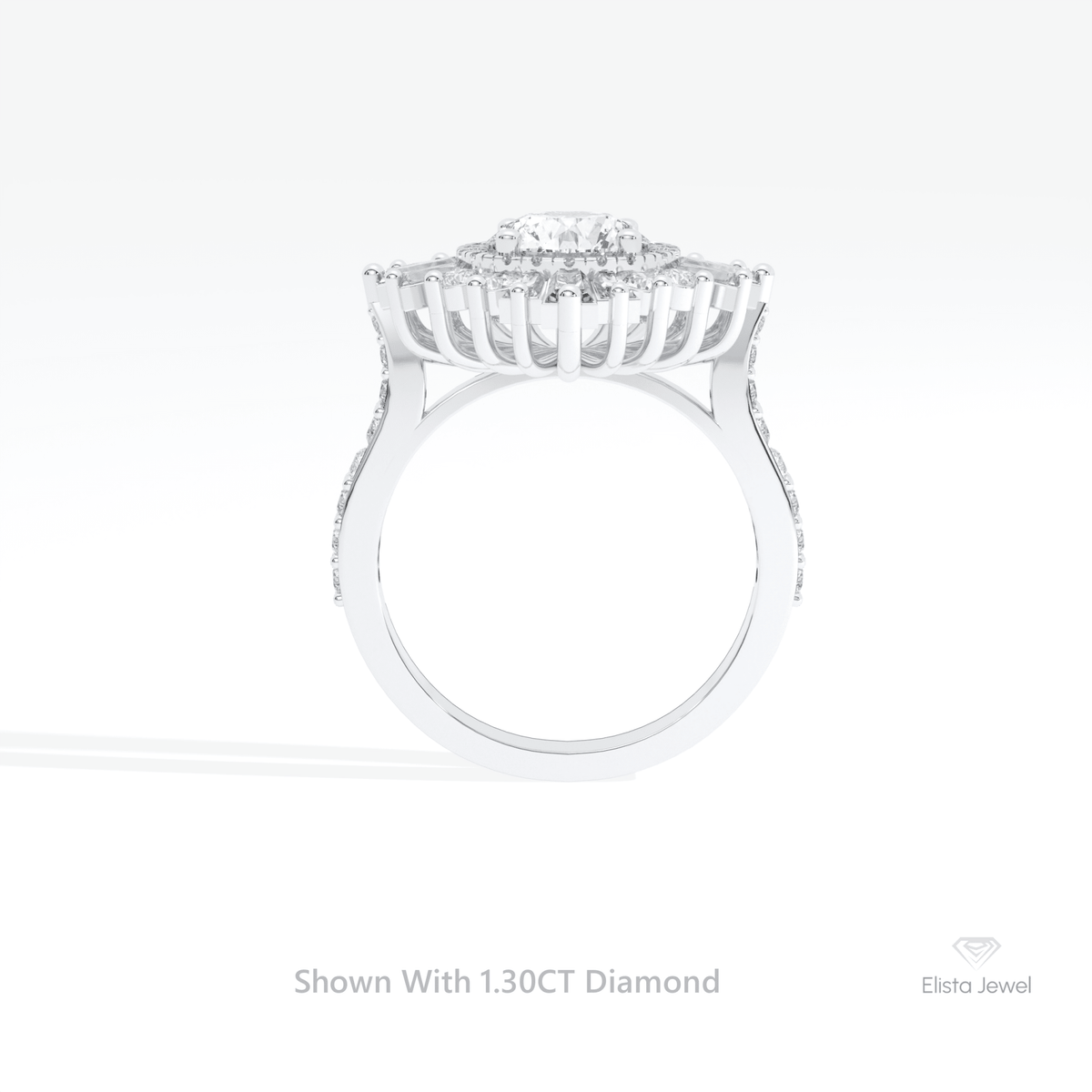 Round Cut Double Halo Accent Starburst Lab Grown Diamond Ring in 10K Rose Gold - Angled View
