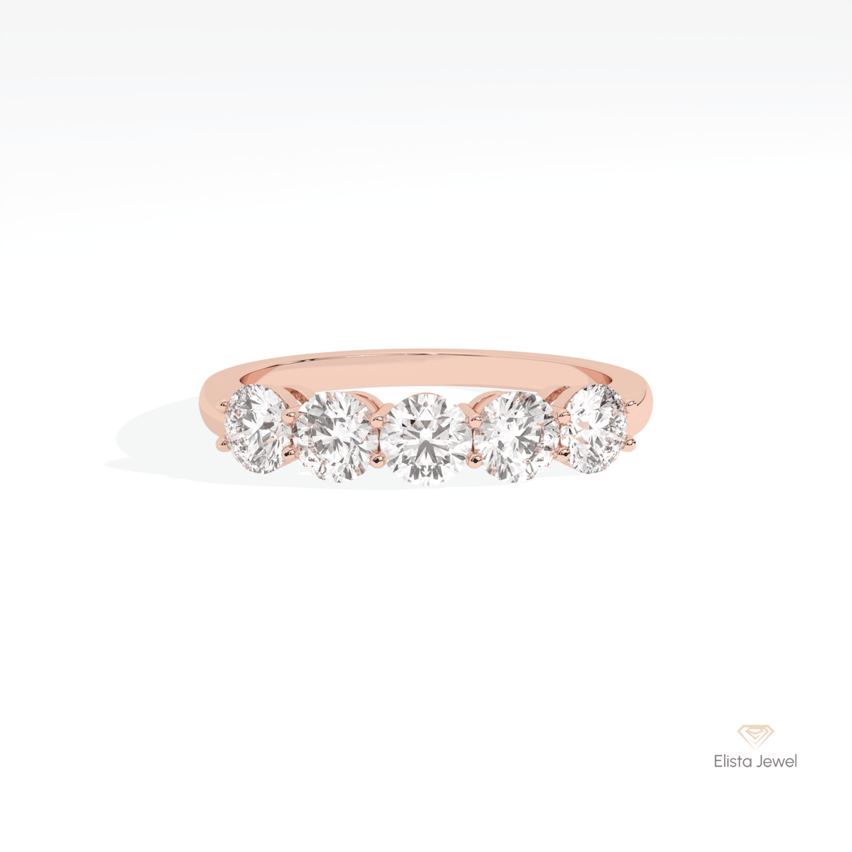 Round Cut Five Stone Wedding Lab Grown Diamond Ring in 18K Rose Gold - Ring on Hand View