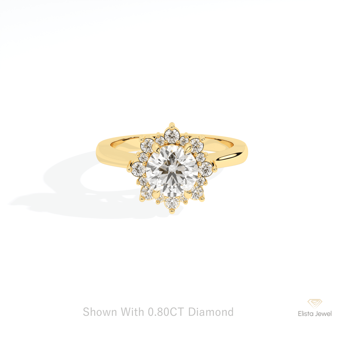 Round Cut Floral Halo Engagement Lab Grown Diamond Ring in 14K Yellow Gold - Detail View