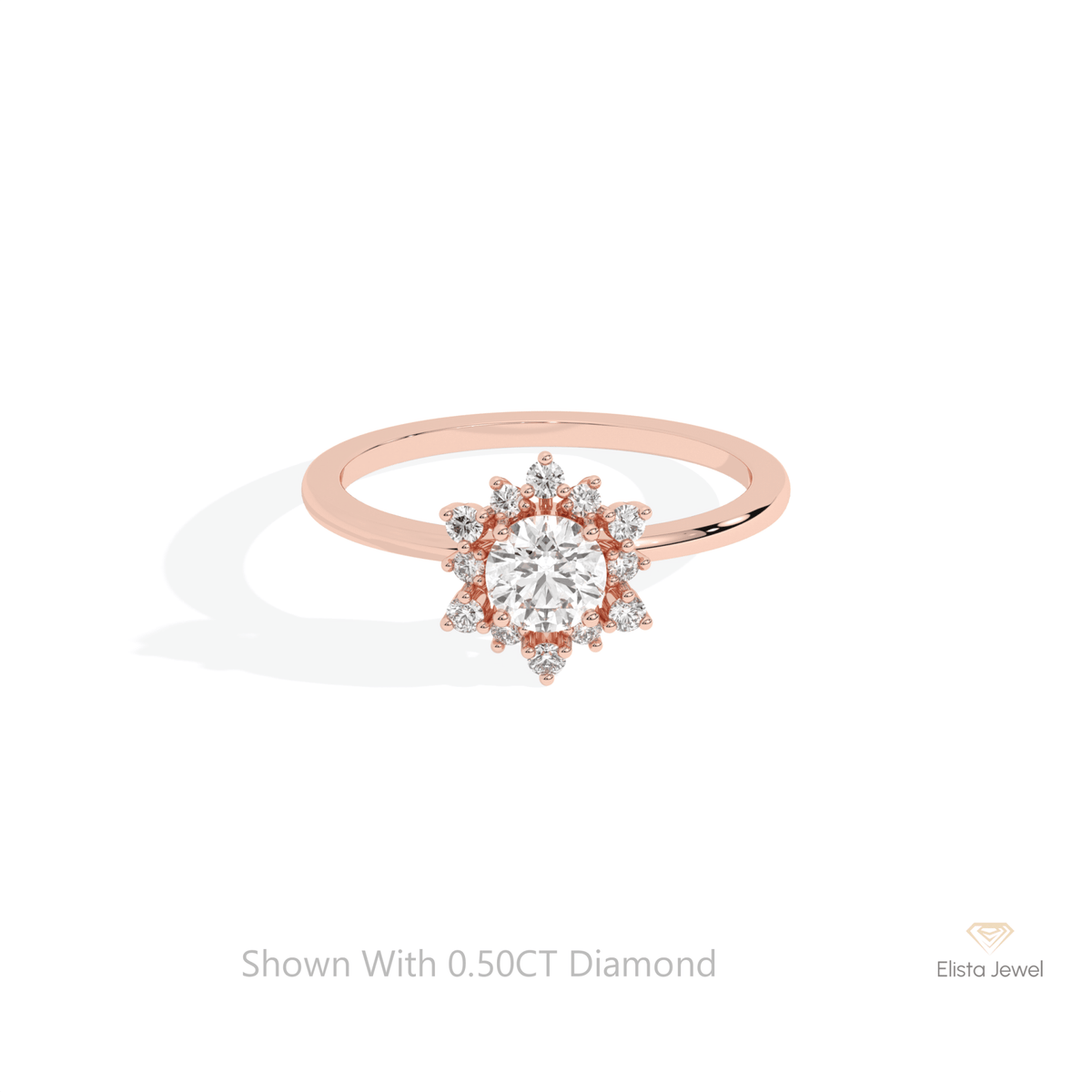Round Cut Floral Halo Wedding Lab Grown Diamond Ring in 18K Rose Gold - Ring on Hand View